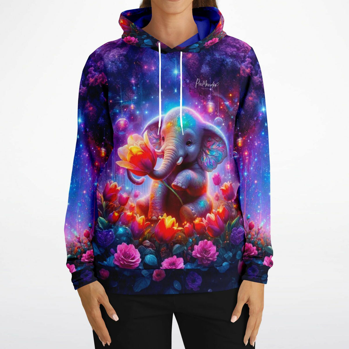 Dreamer Hoodie mit Elefantenmädchen und Blumenmotiv, inspiriert von Diamond Painting Kunstdesigns in leuchtenden Farben.