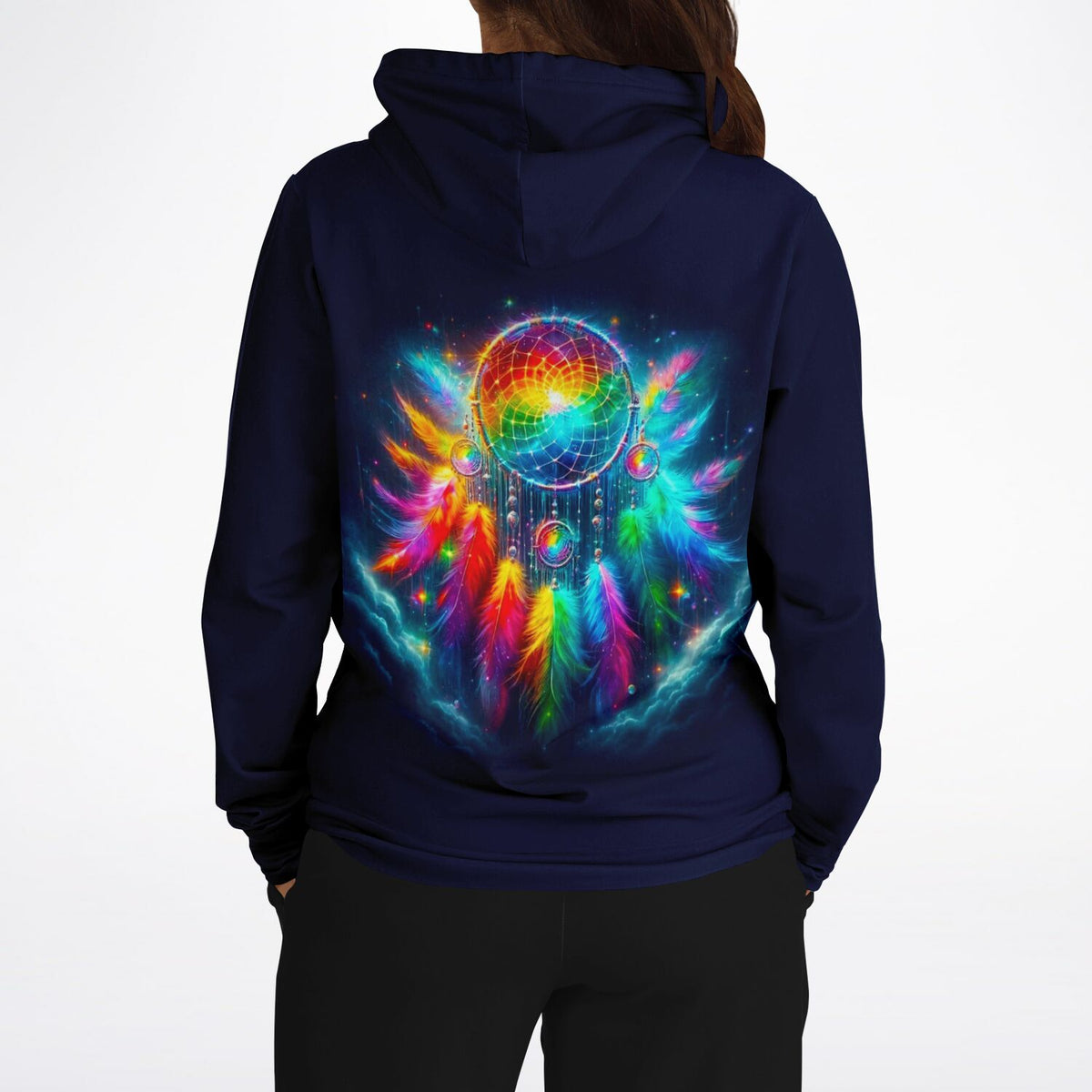 Dunkelblauer Hoodie mit buntem Traumfänger-Motiv und leuchtenden Federn in Premium-Design für DIY-Fans