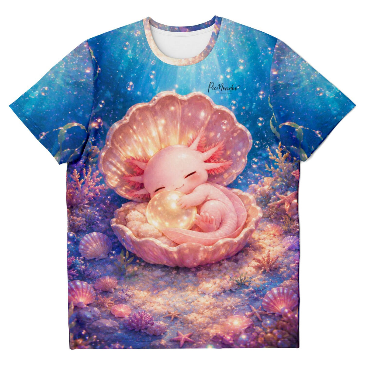 Dreamer T-Shirt mit niedlichem Axolotl in Muschel, inspiriert von Diamond Painting Motiven in leuchtenden Unterwasserfarben