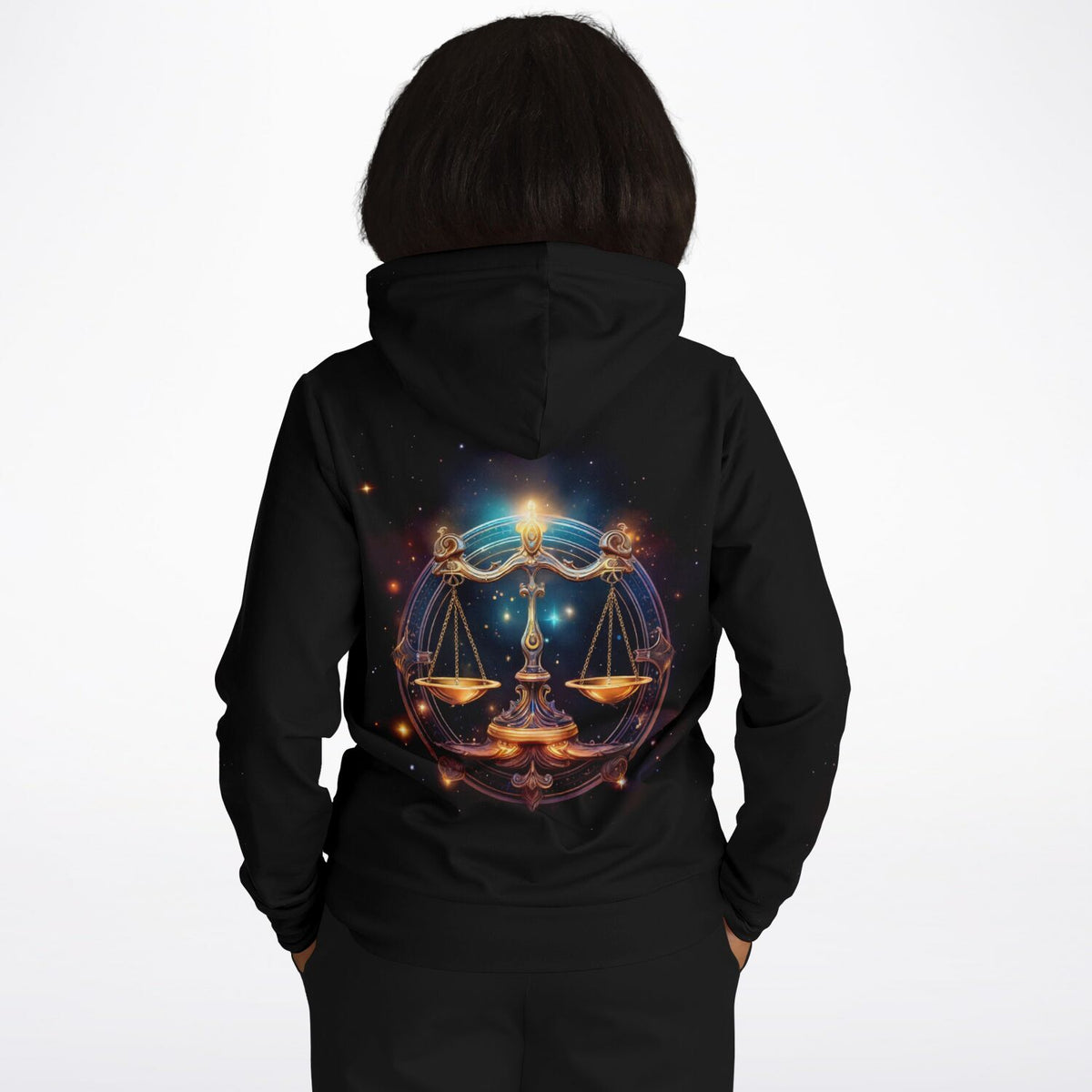 Schwarzer Dreamer Hoodie mit Sternzeichen Waage Motiv, das an die Kunstfertigkeit von Diamond Painting erinnert
