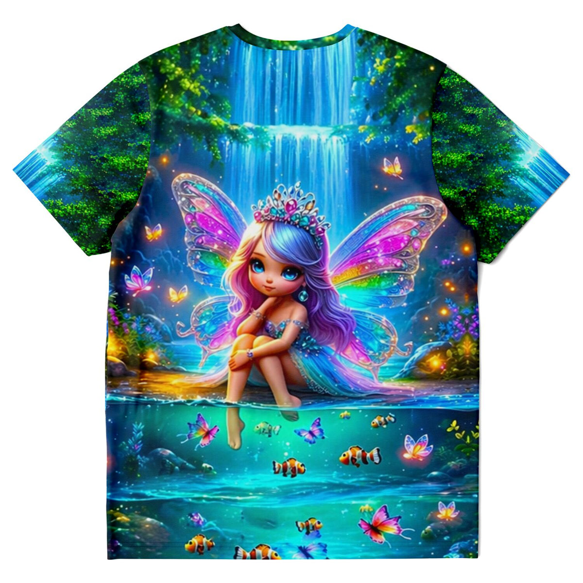 T-Shirt mit buntem Elfen-Motiv am Wasserfall, inspiriert durch Diamond Painting Kunst für Fans von Malen nach Zahlen