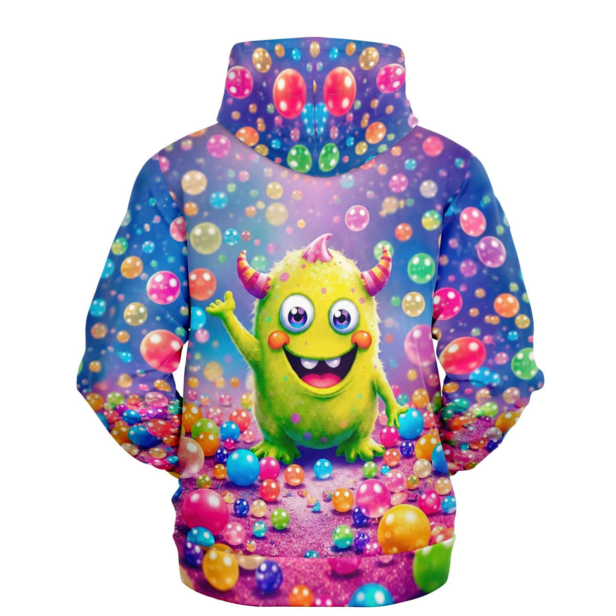 Dreamer Hoodie von Picmondoo mit buntem Monster-Motiv und leuchtenden Kugeln im AOP-Design