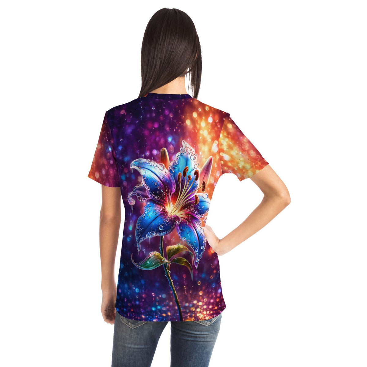 Frau trägt T-Shirt mit leuchtender blauer Lilie im Diamond Painting Stil und buntem Bokeh-Hintergrund