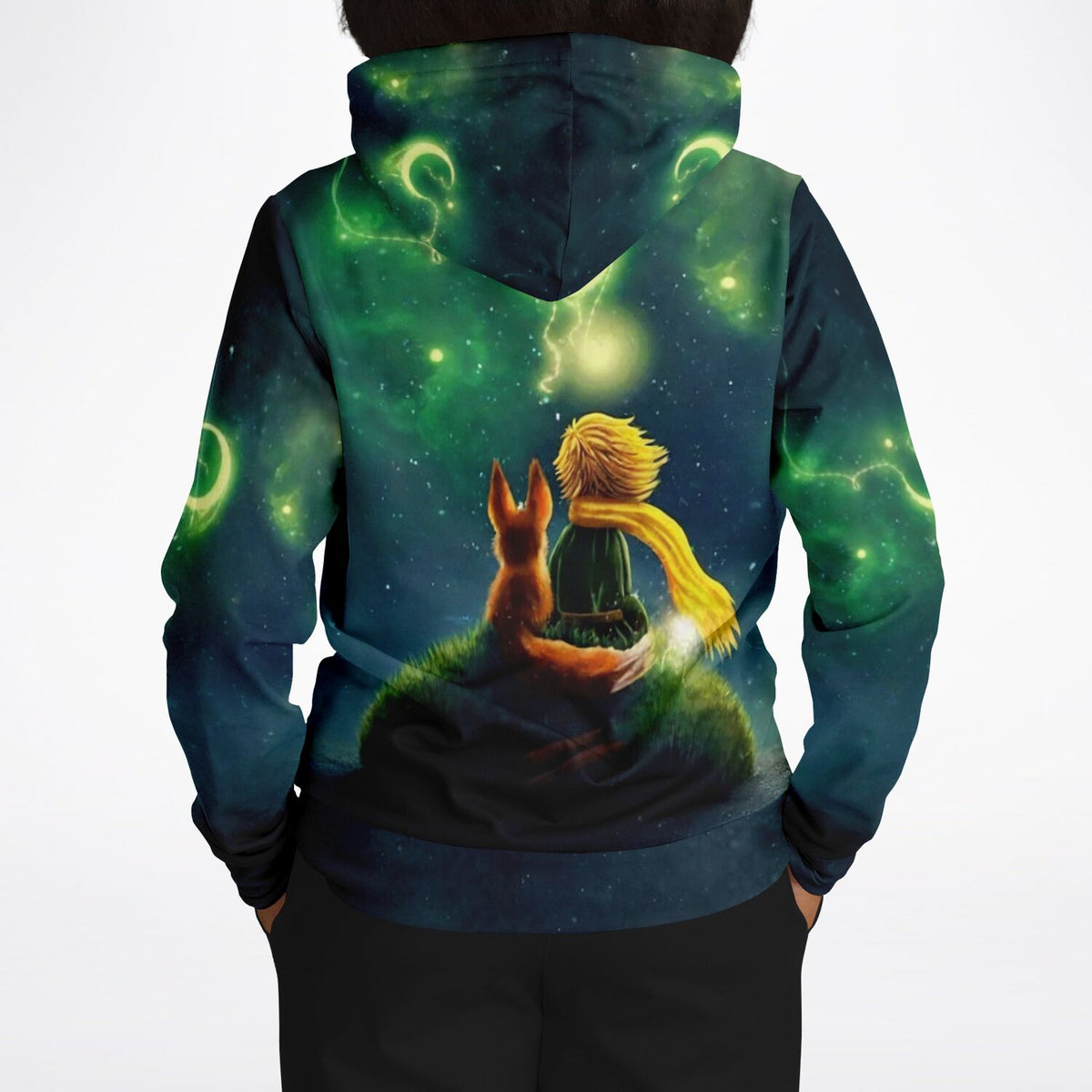 Dreamer Hoodie mit Der kleine Prinz Motiv vor grünem Sternenhimmel, passend zum Stil unserer Diamond Painting Sets.