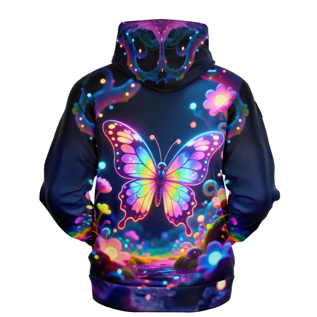 Dreamer Hoodie mit leuchtendem Schmetterlings-Motiv im Stil von Diamond Painting, buntes Fantasy-Design auf schwarzem Stoff