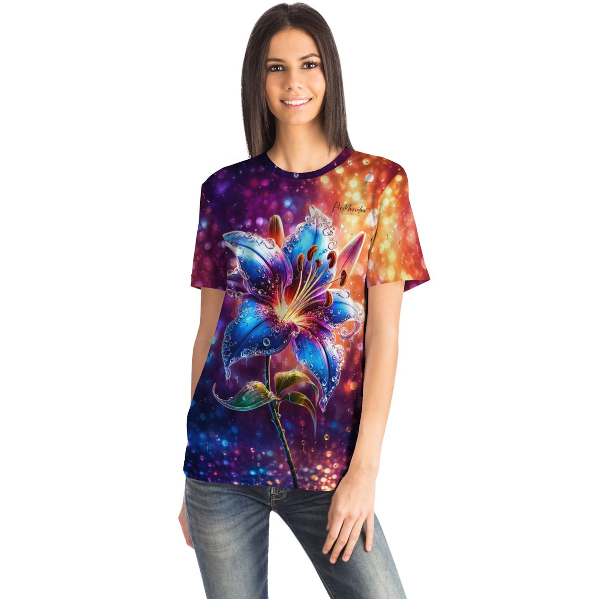 Frau trägt Design-T-Shirt mit buntem Lilien-Motiv im Stil von Diamond Painting und Malen nach Zahlen Kunstwerken