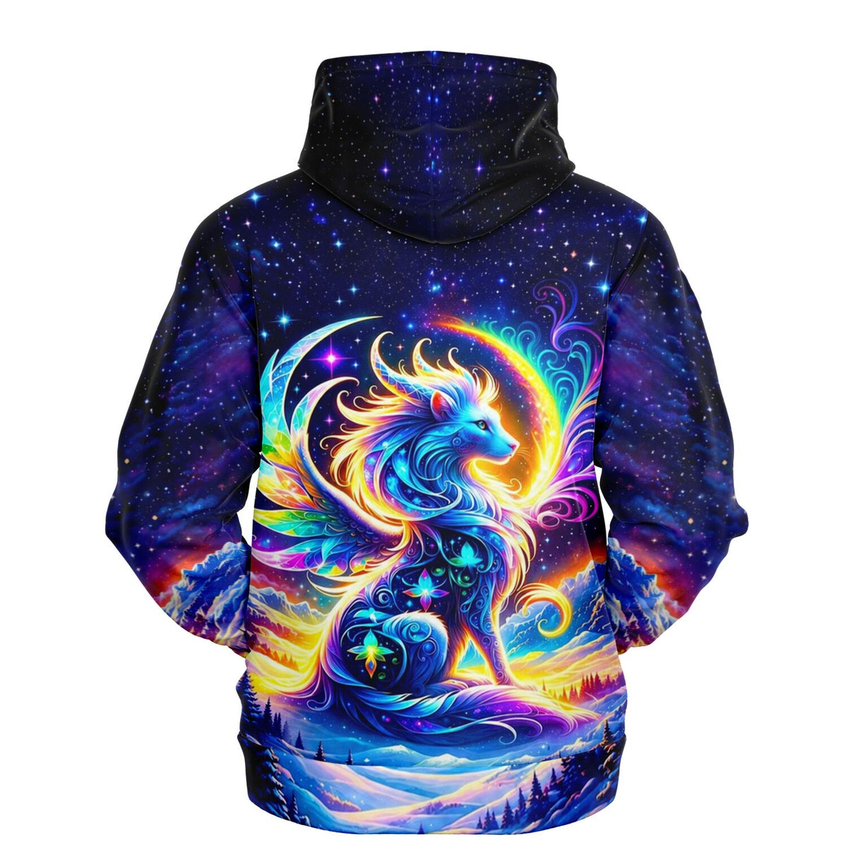 Dreamer Hoodie Monja mit buntem, leuchtendem Fabelwesen, Sternenhimmel und Bergmotiv im Diamond Painting Stil