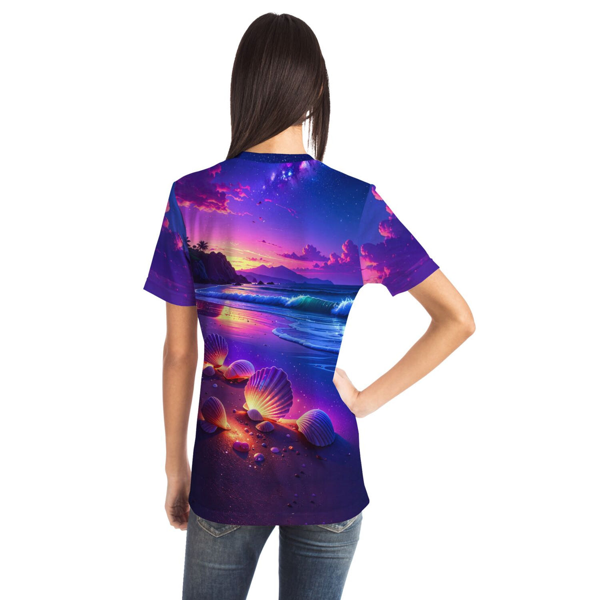 Dreamer T-Shirt mit Wunschmuscheln Motiv, farbenfroher Strand bei Sonnenuntergang im Diamond Painting Stil