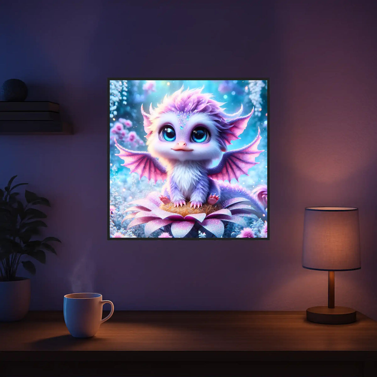 Diamond Painting Set Elun: Niedlicher Babydrache mit großen blauen Augen und rosa Flügeln auf einer Blume