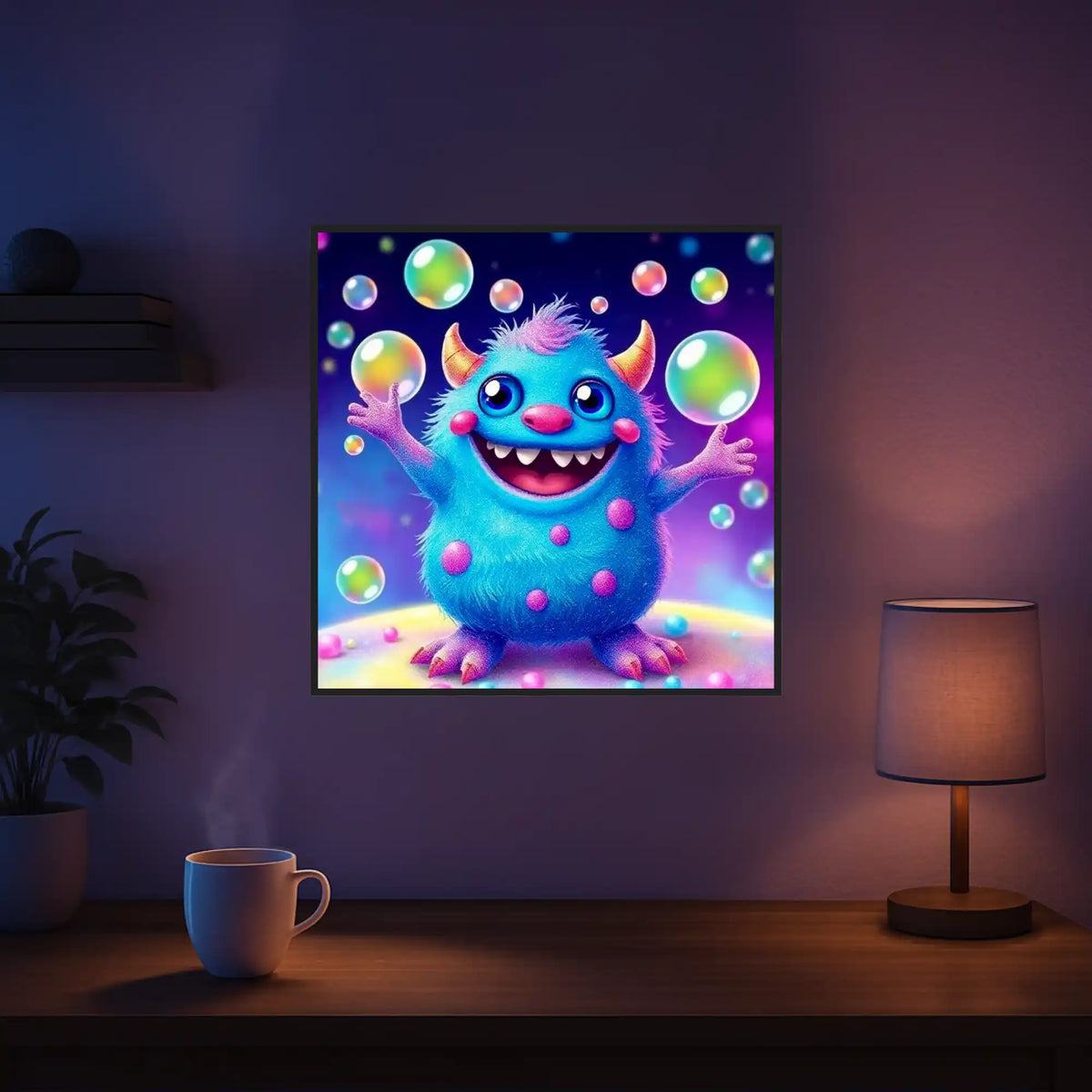 Diamond Painting Set mit fröhlichem, blauem Kawaii-Monster, das Seifenblasen fängt, auf 40x40cm Leinwand.