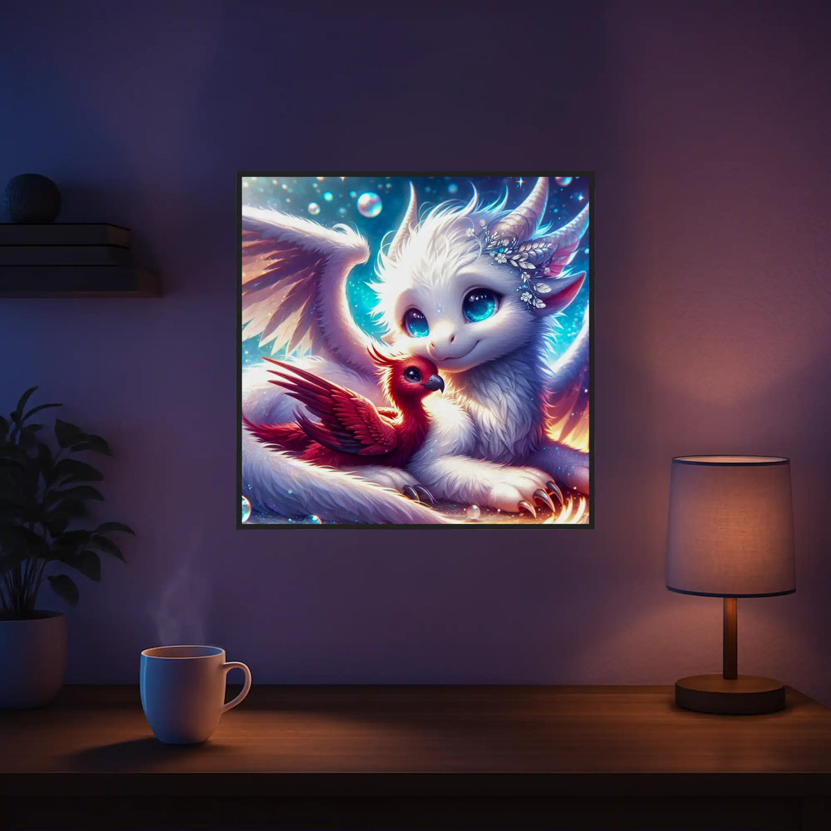Diamond Painting Astra & Fira: Magisches Fantasy-Wesen mit rotem Vogel als funkelndes 40x40cm Wandbild im gemütlichen Zimmer.