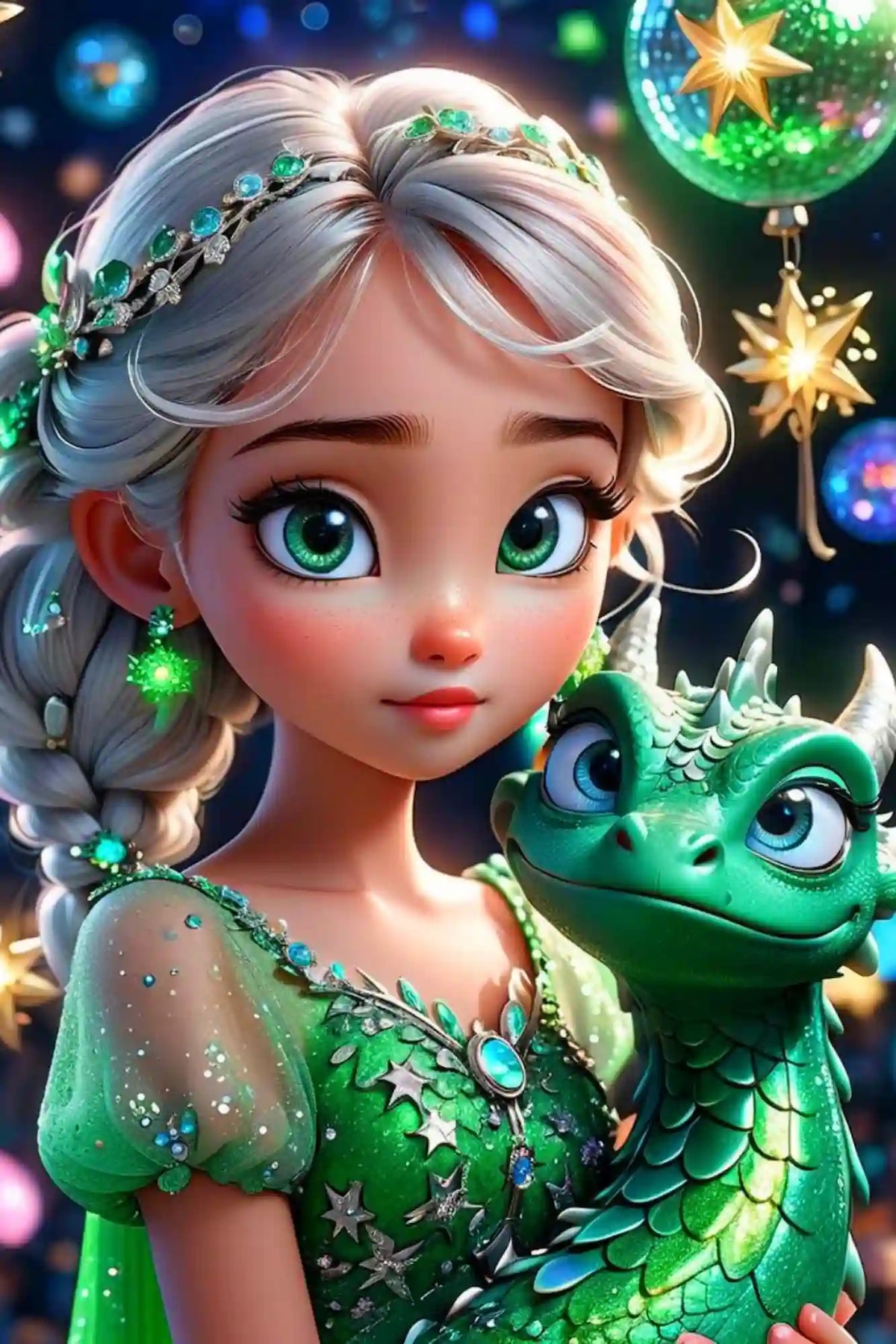Diamond Painting Set Dragon Girl mit silberhaarigem Mädchen, grünem Drachen, Feenstaub-Effekt und funkelnden Juwelen