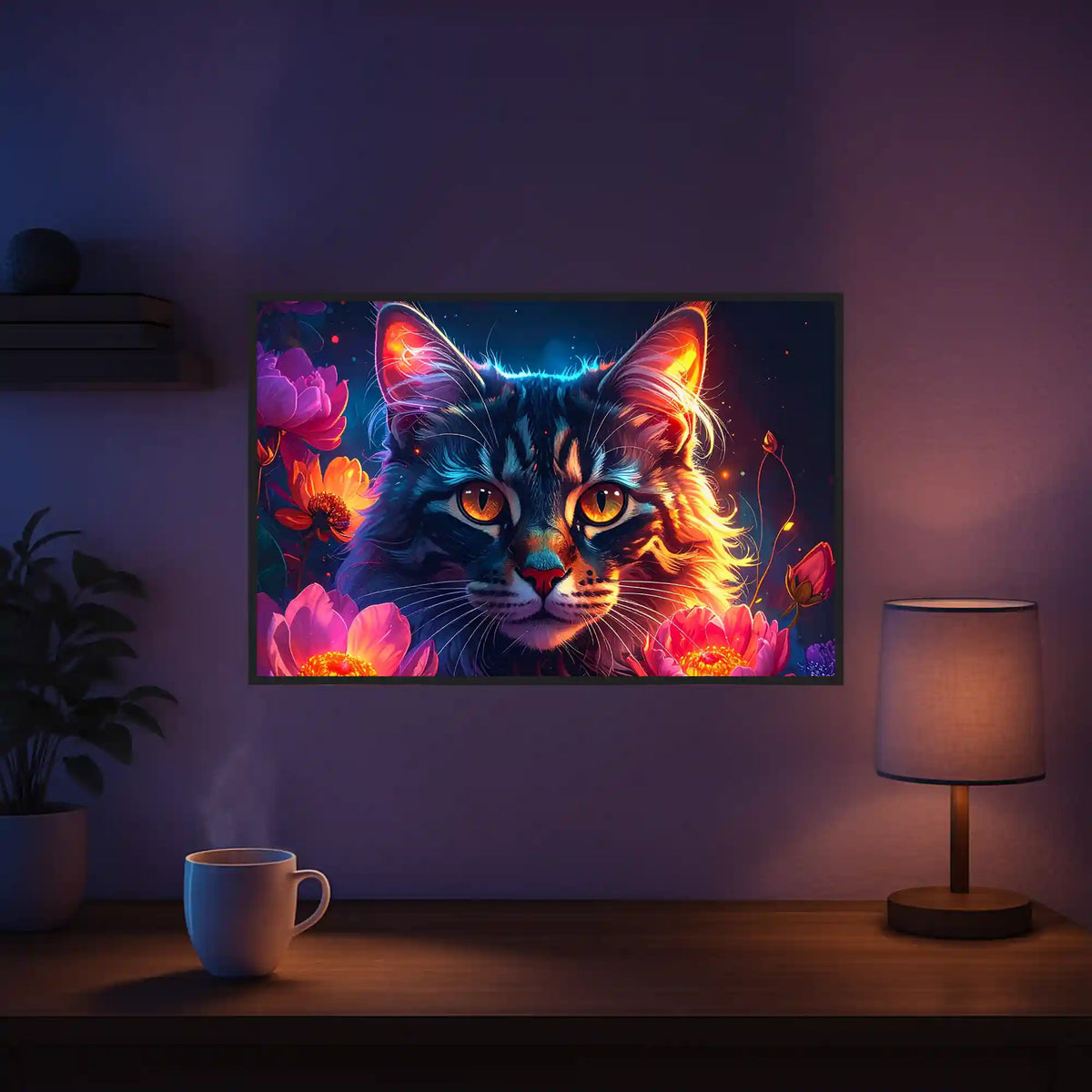 Diamond Painting Set Katze mit leuchtenden Blumen in einem nächtlichen Garten mit goldenen Augen und flauschigem Fell