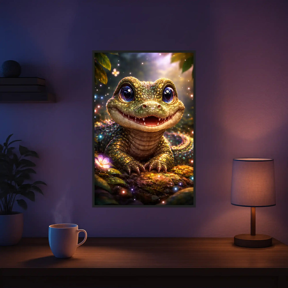 Diamond Painting Krokodil im magischen Wald mit glänzenden Schuppen, Feenstaub-Effekt und niedlichen großen Augen.