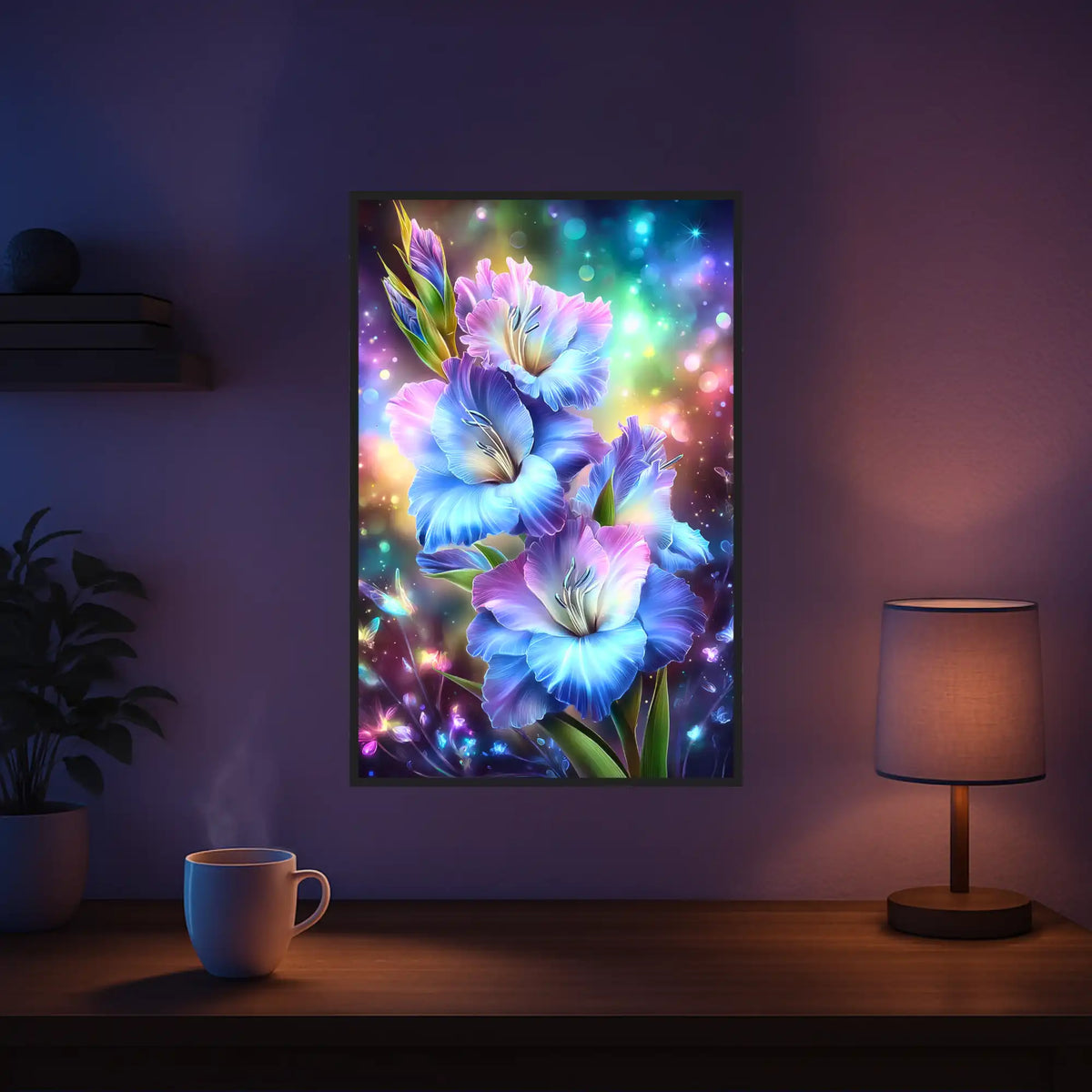 Diamond Painting Set Schwert aus Seide mit leuchtender Gladiole in Regenbogenfarben als dekoratives Wandbild