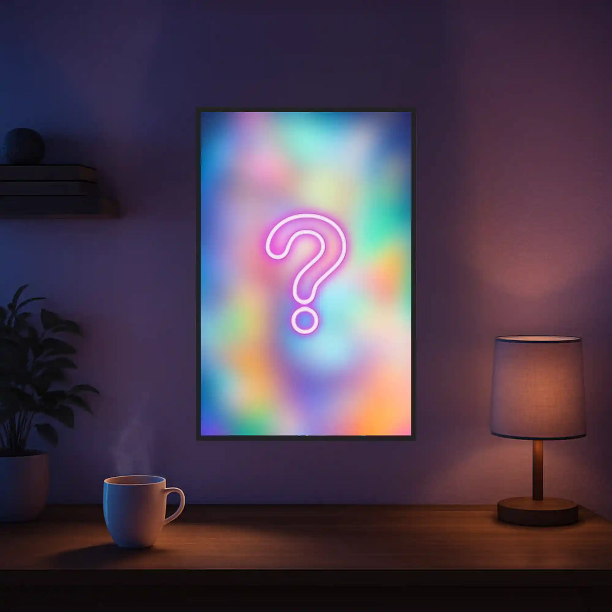 Diamond Painting Mystery Set mit leuchtendem Fragezeichen-Motiv als Wanddekoration in farbenfrohem Design