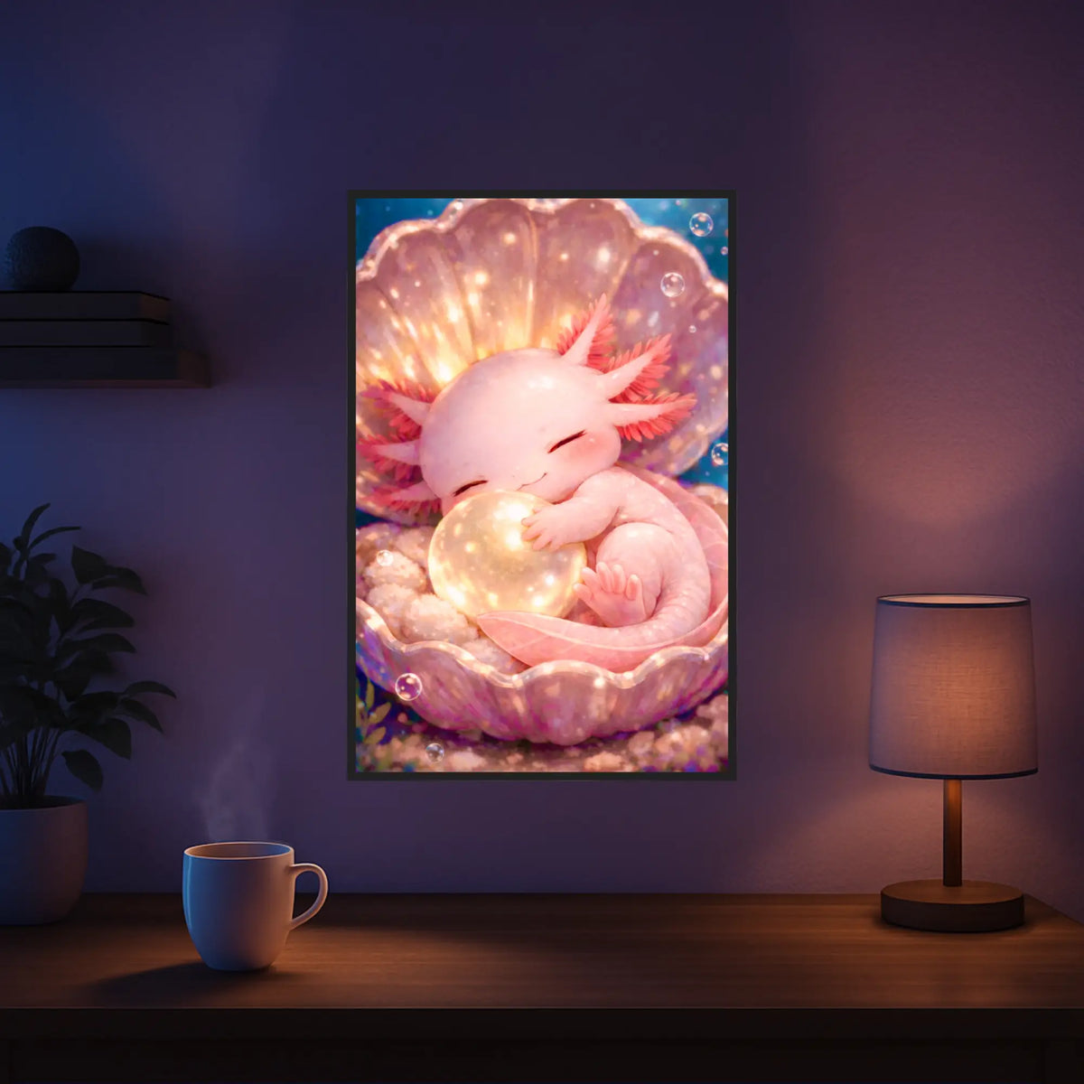 Diamond Painting Axolotl in einer Perlmuschel mit leuchtender Kugel, als niedliches magisches Tiermotiv zum Basteln.