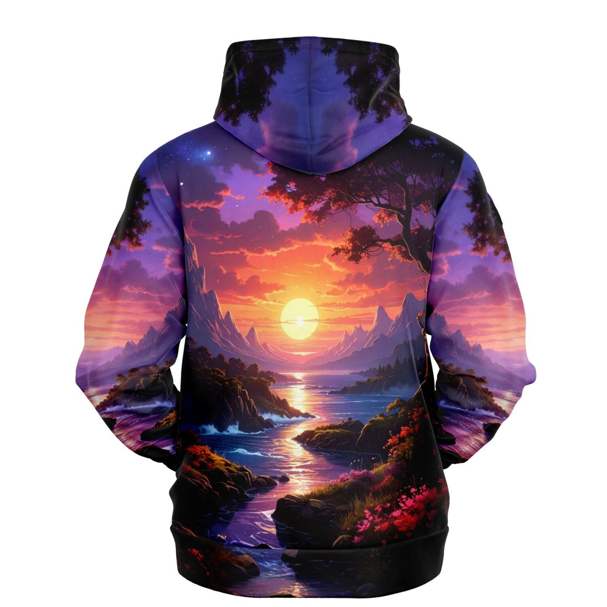 Dreamer Hoodie mit farbenfrohem Sonnenuntergangs-Motiv über einer Berglandschaft, ideal für Diamond Painting Fans.