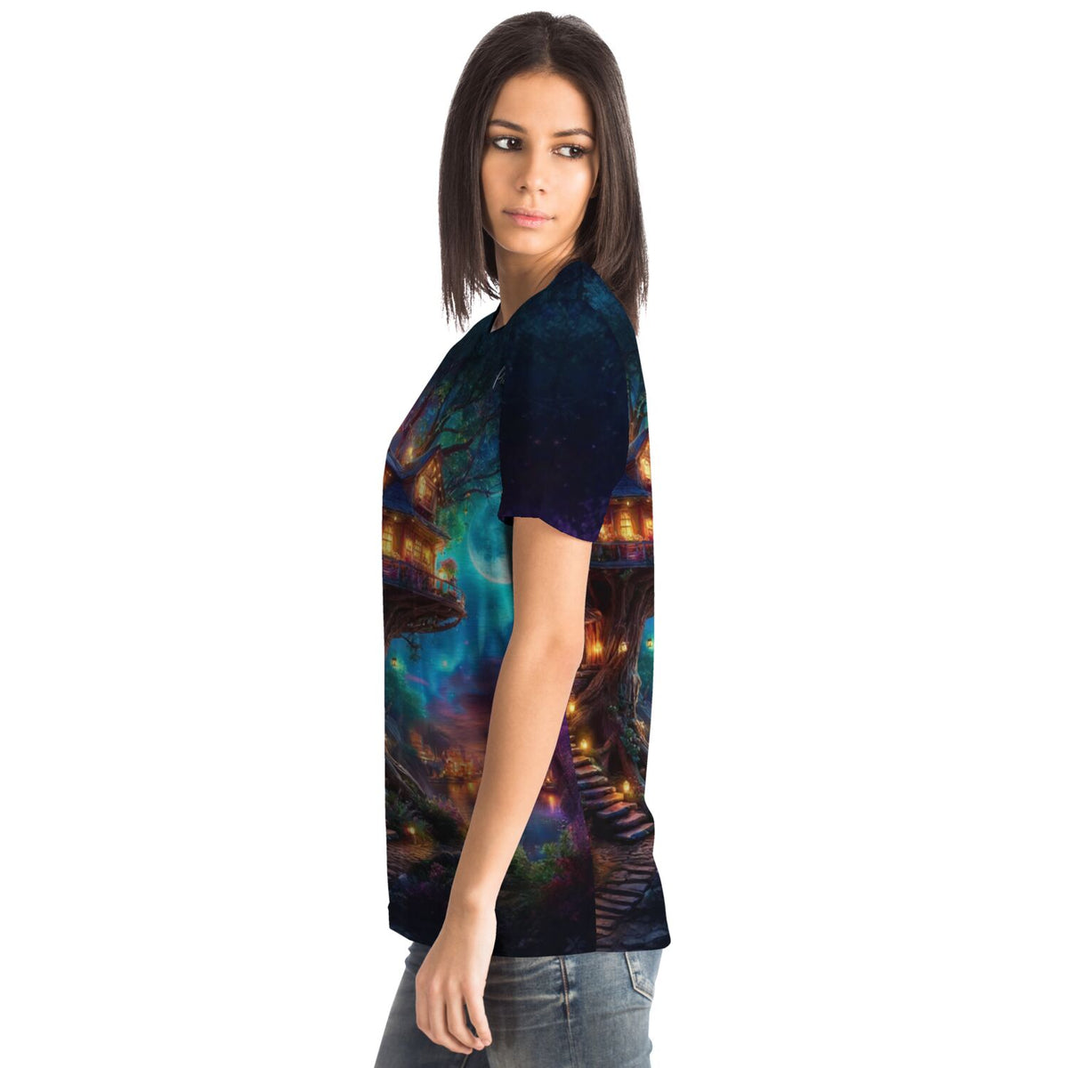 Frau trägt Dreamer T-Shirt mit Sternhafen der Wanderer Motiv im Stil von Diamond Painting und Malen nach Zahlen Designs