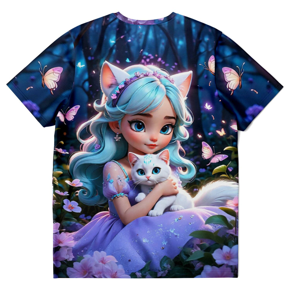 T-Shirt mit Kim Kitty Girl Motiv, Anime-Mädchen mit blauen Haaren, weißer Katze und Schmetterlingen im Zauberwald