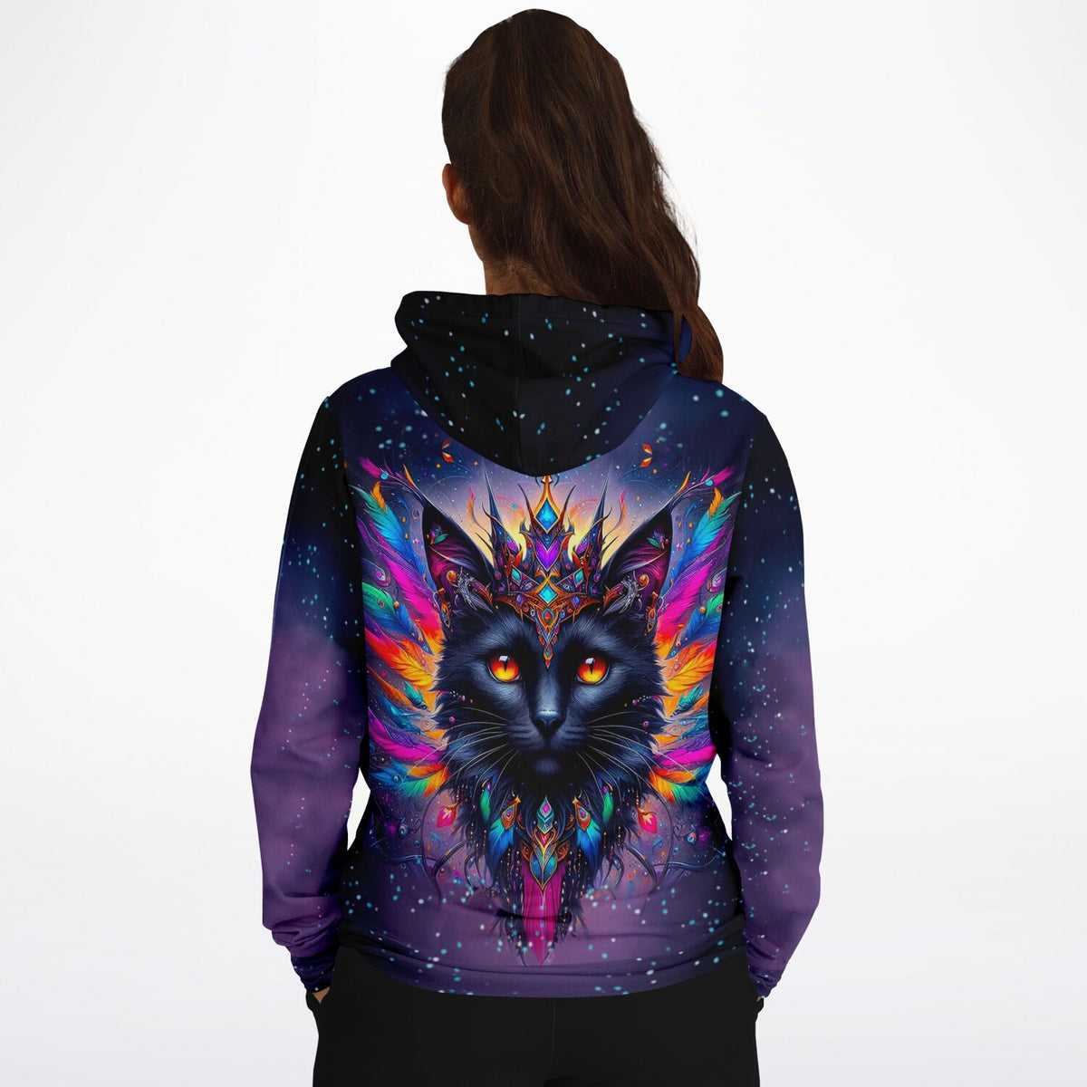 Hoodie mit mystischem Katzen-Motiv in bunten Colorsplash-Farben, passend zu künstlerischen Diamond Painting Designs