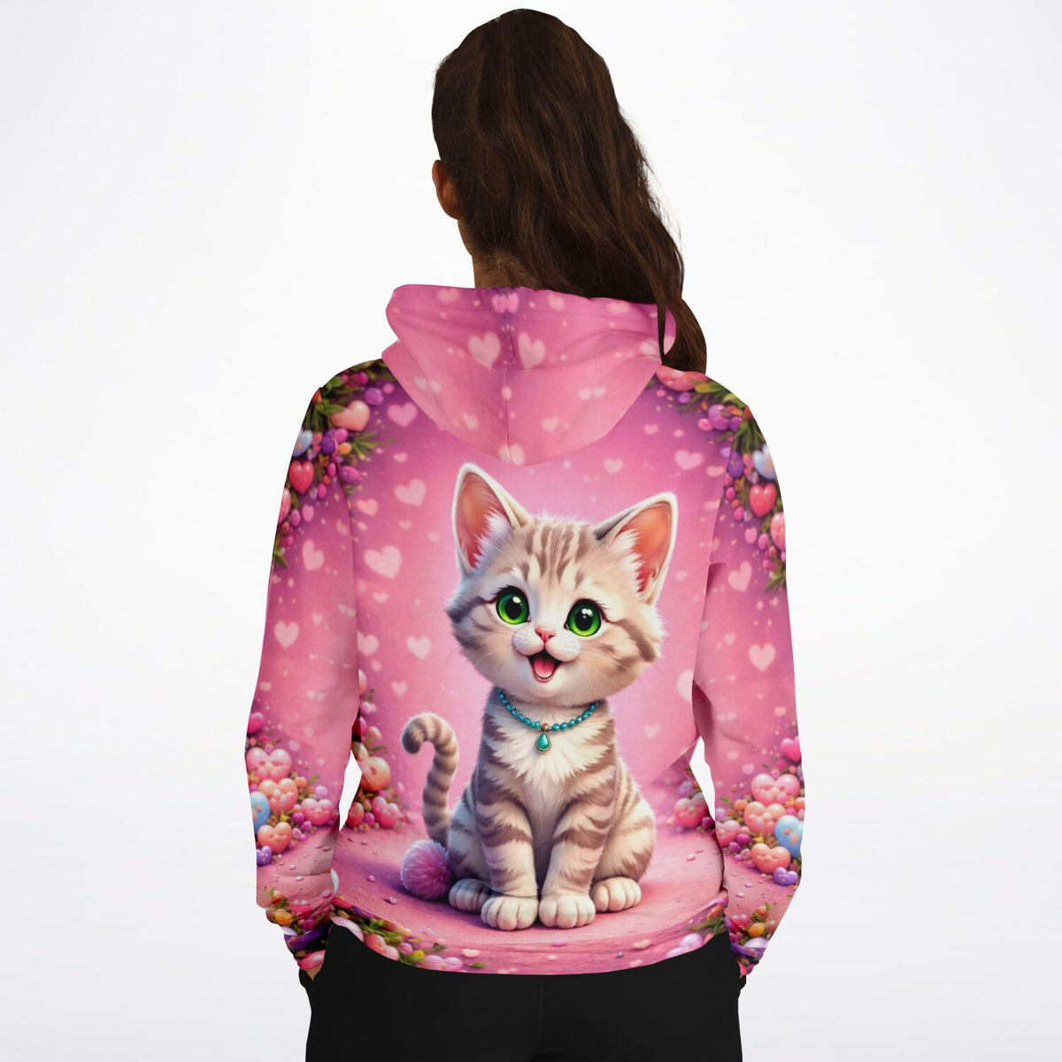 Rosa Dreamer Hoodie mit süßem Katzen-Motiv, Herz-Design und Blumen, perfekt für Fans von Malen nach Zahlen und Kunst.