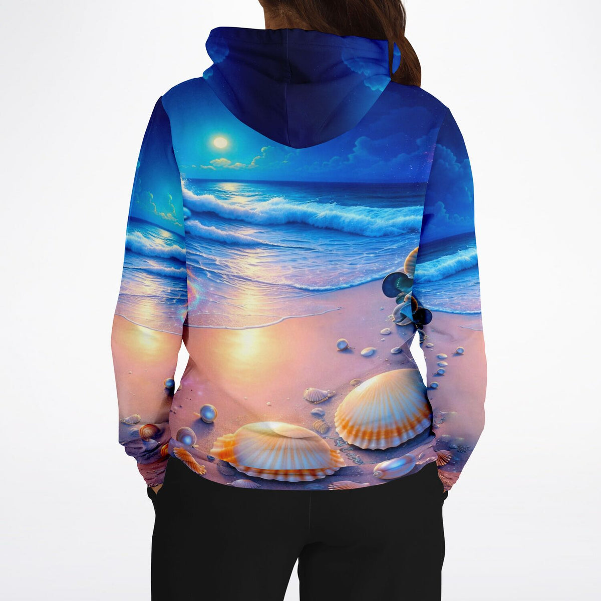 Dreamer Hoodie mit Strand Motiv bei Nacht, ähnlich einem Diamond Painting Bild mit Muscheln und blauem Mondschein