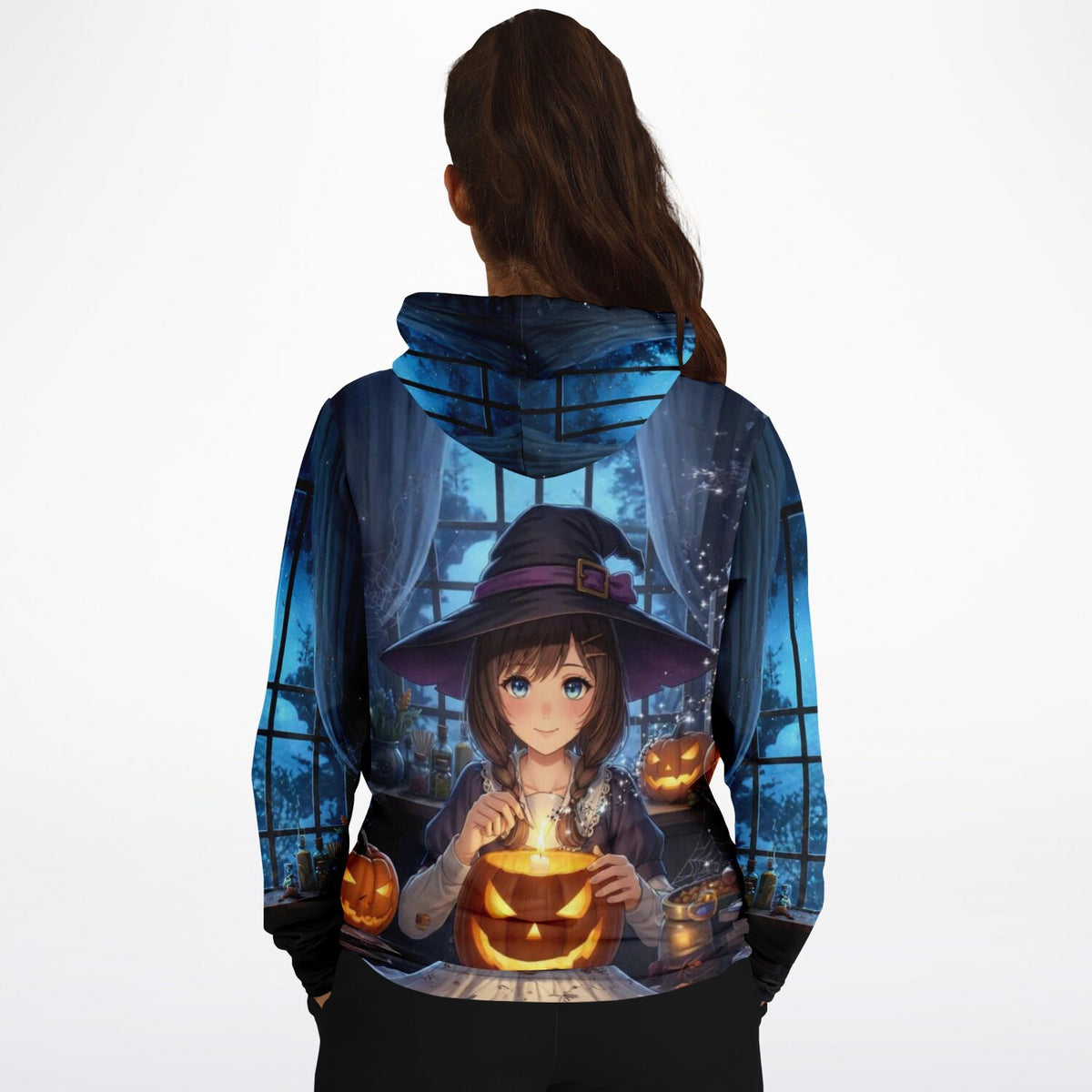 Hoodie mit Sabrina-Motiv: Ein Anime-Mädchen als Hexe mit leuchtenden Kürbissen im Stil von Malen nach Zahlen und Kunst.
