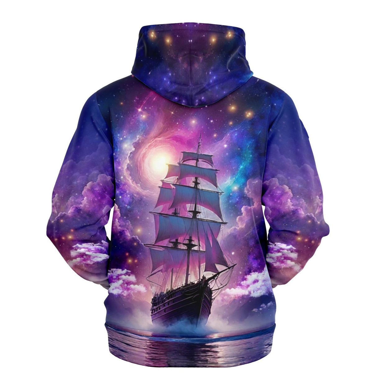 Dreamer Hoodie Starlight Ocean mit Segelschiff Motiv und galaktischem Sternenhimmel im Vollprint