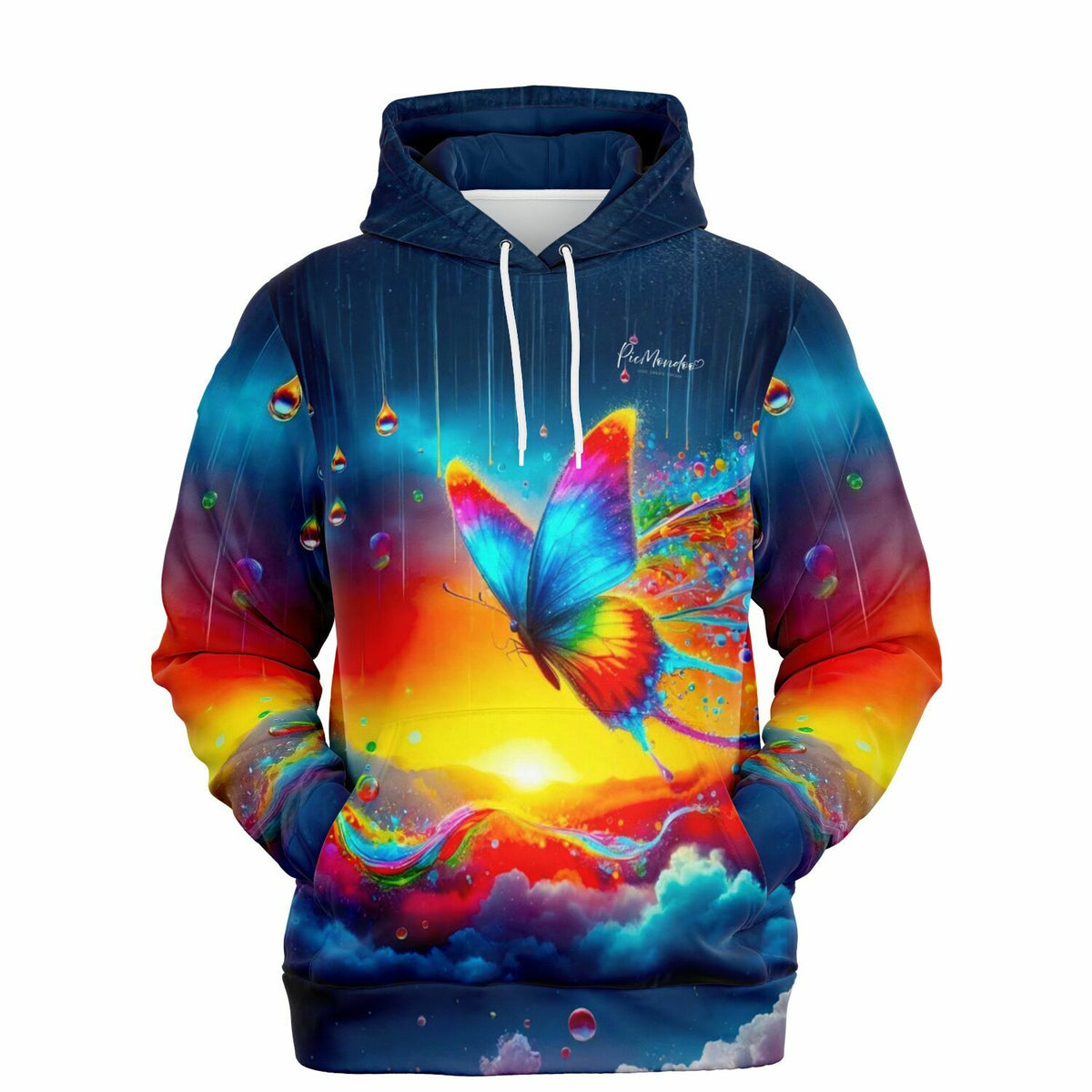 Dreamer Hoodie mit farbenfrohem Schmetterling im Regenbogenfluss-Design, inspiriert von Diamond Painting Motiven.
