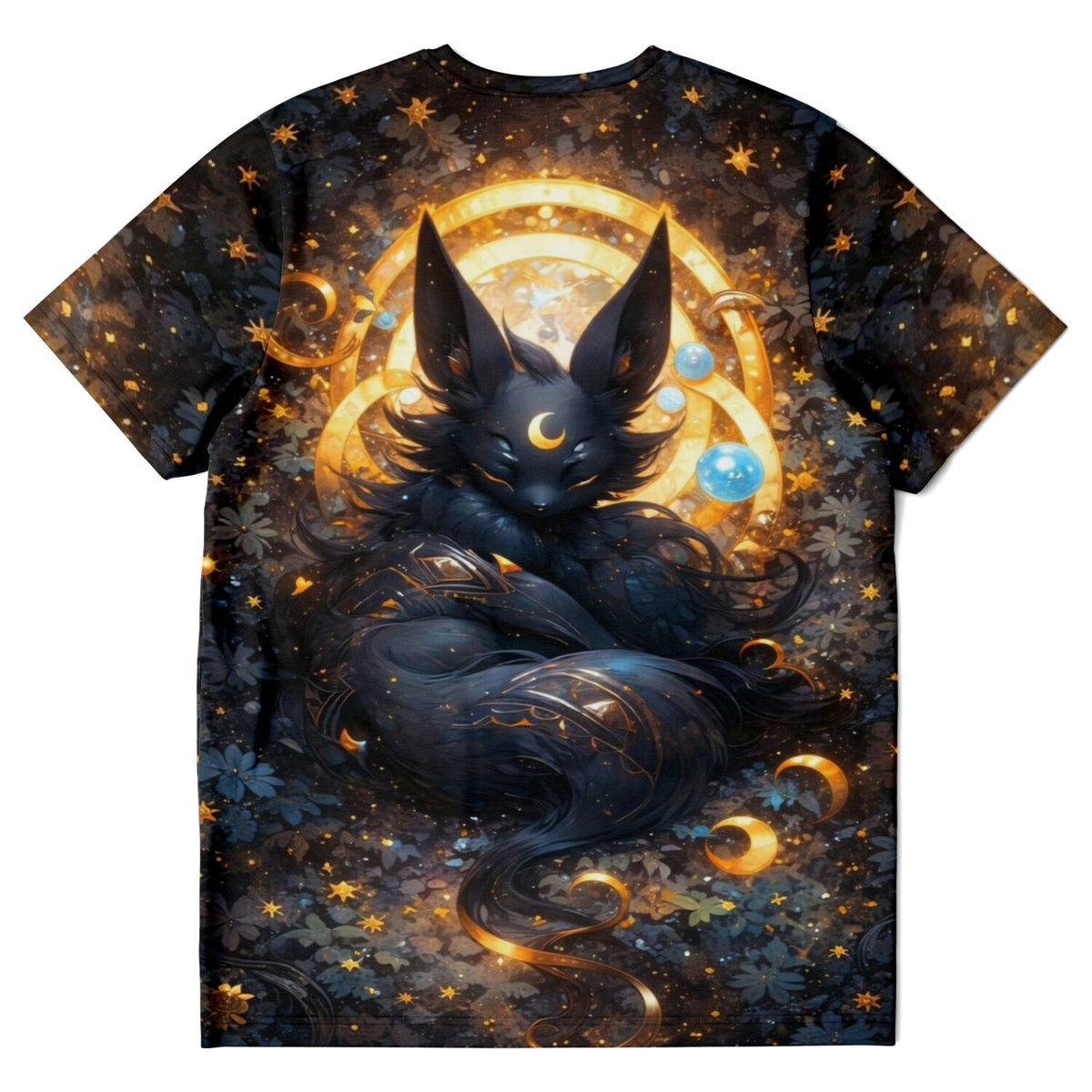 Schwarzes T-Shirt mit mystischem nächtlichem Fuchswesen, leuchtendem Mond und goldenen Sternen für Fans moderner Kunst
