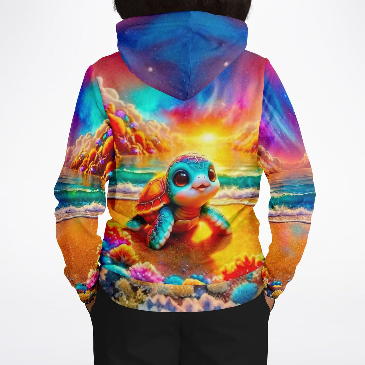 Hoodie mit buntem Schildkröten-Motiv am Funkelstrand, inspiriert durch Diamond Painting Farben und künstlerische Designs
