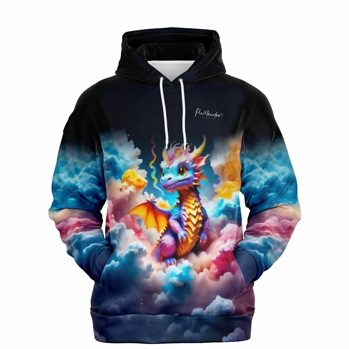 Schwarzer Hoodie mit buntem Baby-Drachen Motiv in Wolken, passend zu Diamond Painting und Malen nach Zahlen Designs