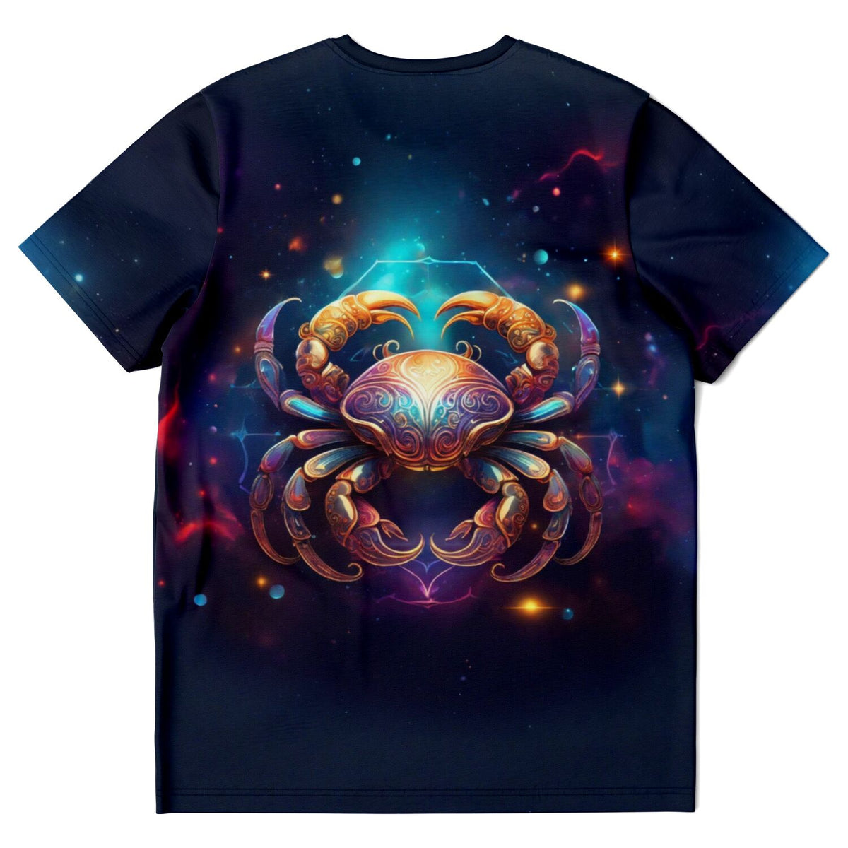 Dunkelblaues T-Shirt mit künstlerischem Sternzeichen Krebs Motiv in leuchtenden Farben auf kosmischem Hintergrund