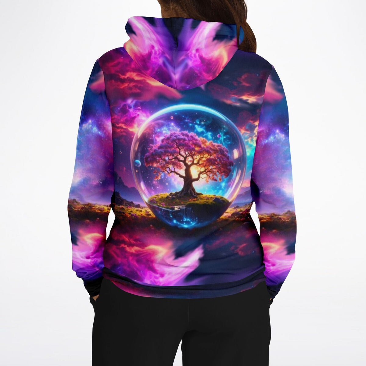Dreamer Hoodie Arbor Eternis mit farbenfrohem Baum im Glaskugel-Design und neonfarbenem Weltraum-Print auf ganzer Fläche