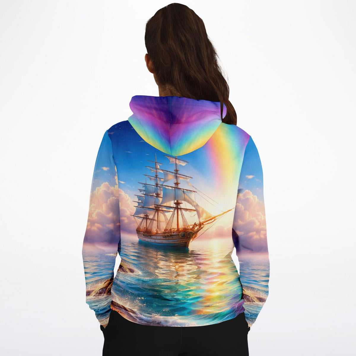 Hoodie mit Segelschiff Motiv, Regenbogen und Meer. AOP Full Print Design wie bei einem Diamond Painting oder Kunstwerk.