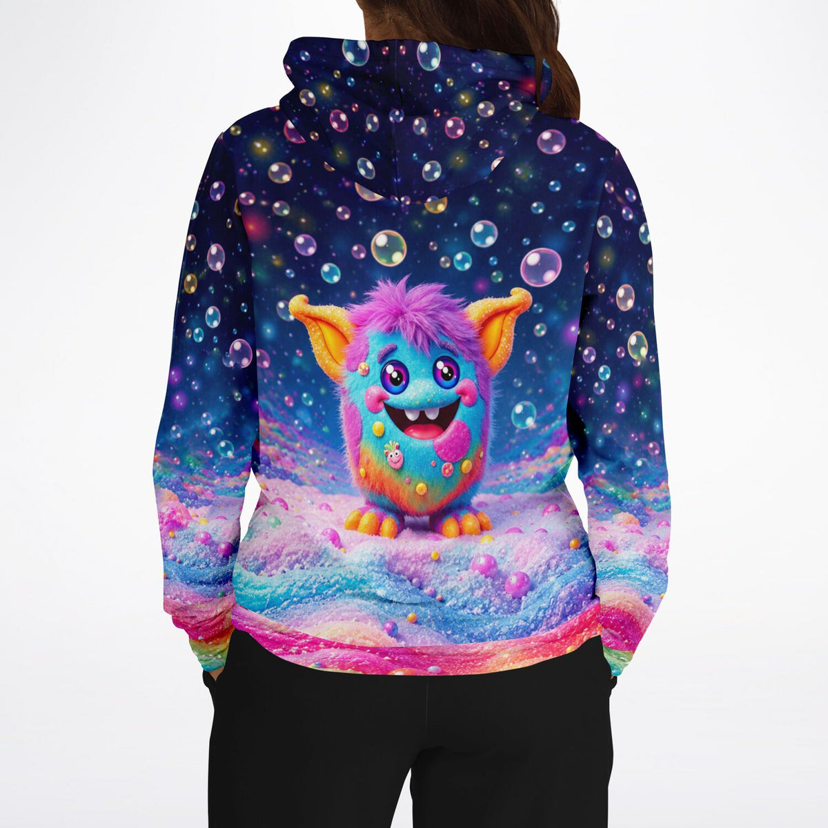 Dreamer Hoodie mit buntem Grinsebacke-Monster-Motiv, inspiriert von Diamond Painting Farben und Fantasy-Designs.