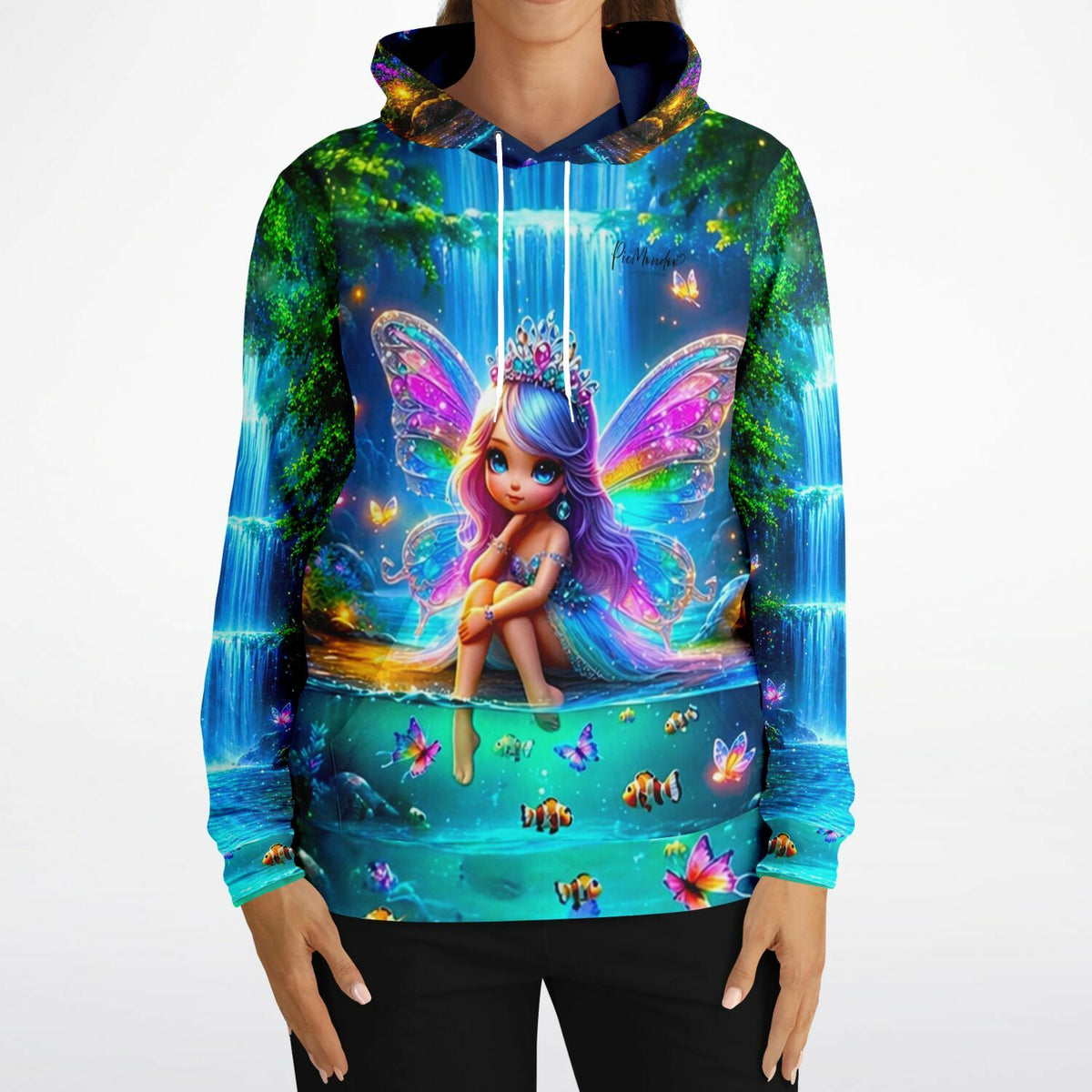 Dreamer Hoodie mit farbenfrohem Motiv einer Elfe am Wasserfall, inspiriert durch Diamond Painting Kunstwerke.