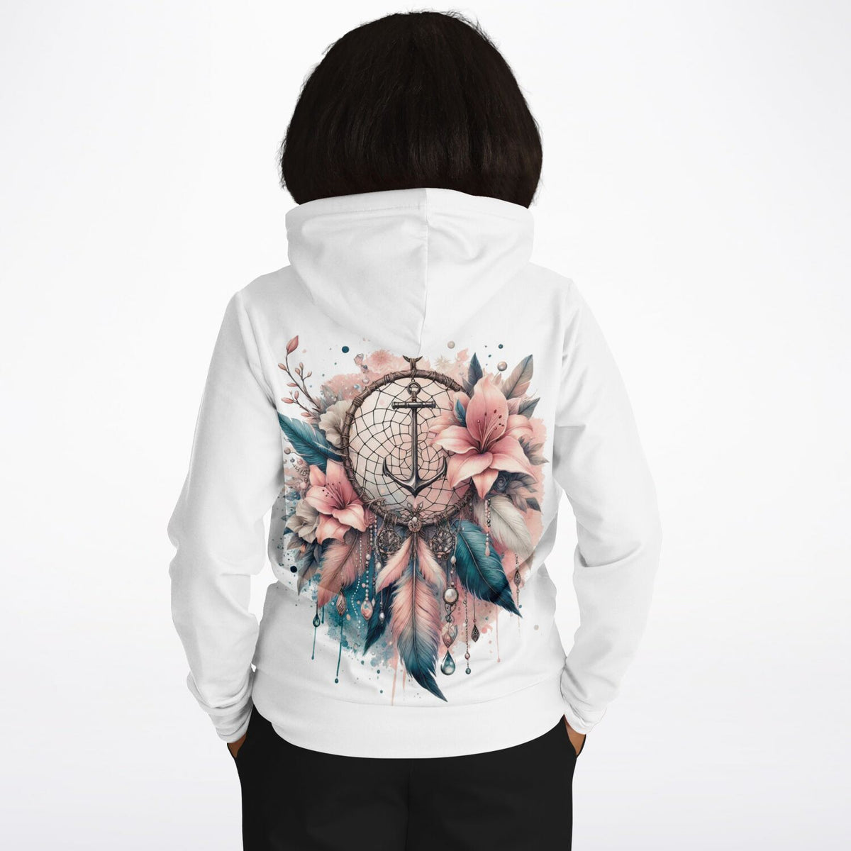 Weißer Hoodie mit Dreamer Anker Motiv, Blumen und Federn im Stil von Diamond Painting und Malen nach Zahlen Kunst