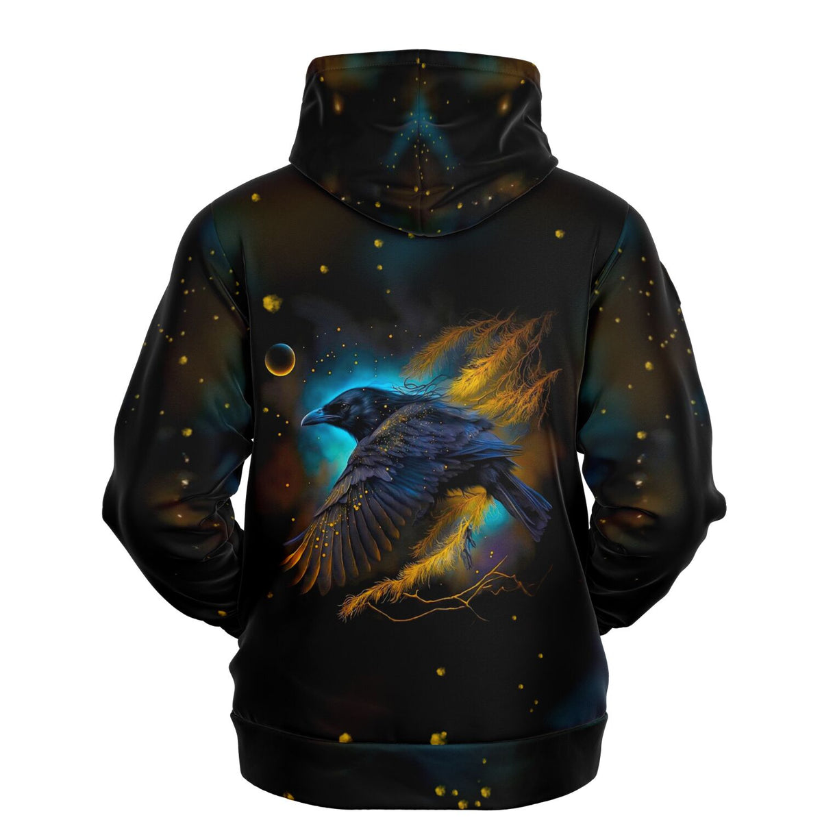 Schwarzer Dreamer Hoodie mit Hexenrabe Motiv, fantastischem Galaxie-Design und goldenen Akzenten für kreative Fans