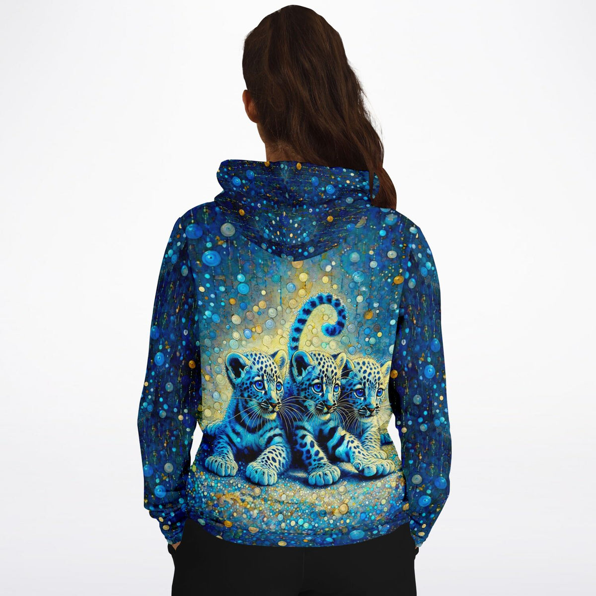 Hoodie mit Leopardenbabys Motiv im Stil von Malen nach Zahlen und Diamond Painting Kunst in Blau und Gold