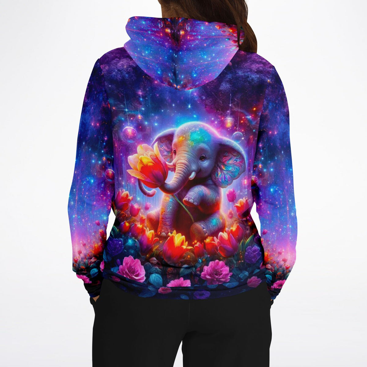Dreamer Hoodie mit Elefantenmädchen Motiv, bunten Blumen und Galaxie-Print im Stil unserer Diamond Painting Designs