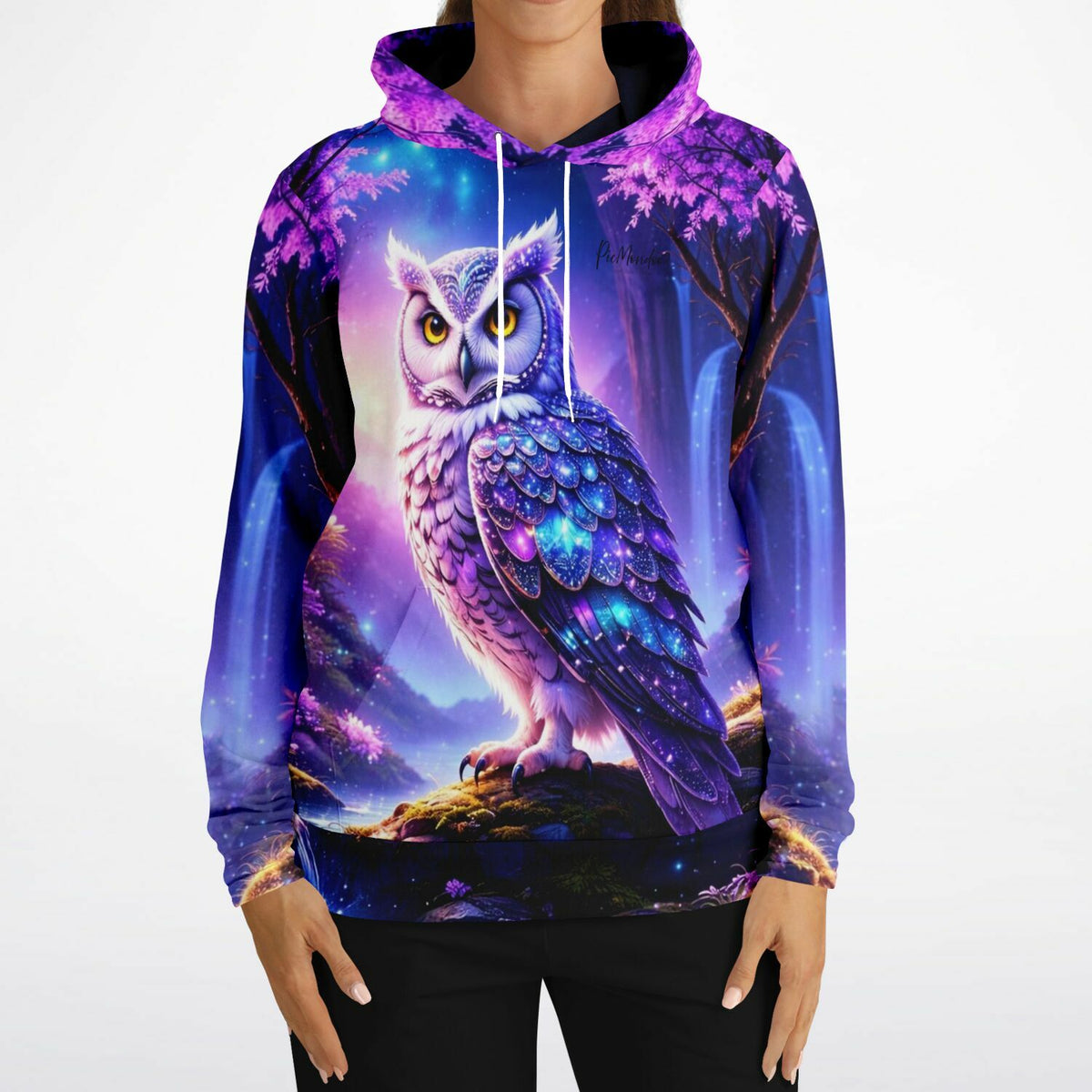 Dreamer Hoodie mit Eulen-Motiv im Stil von Diamond Painting Kunst in Lila- und Blautönen