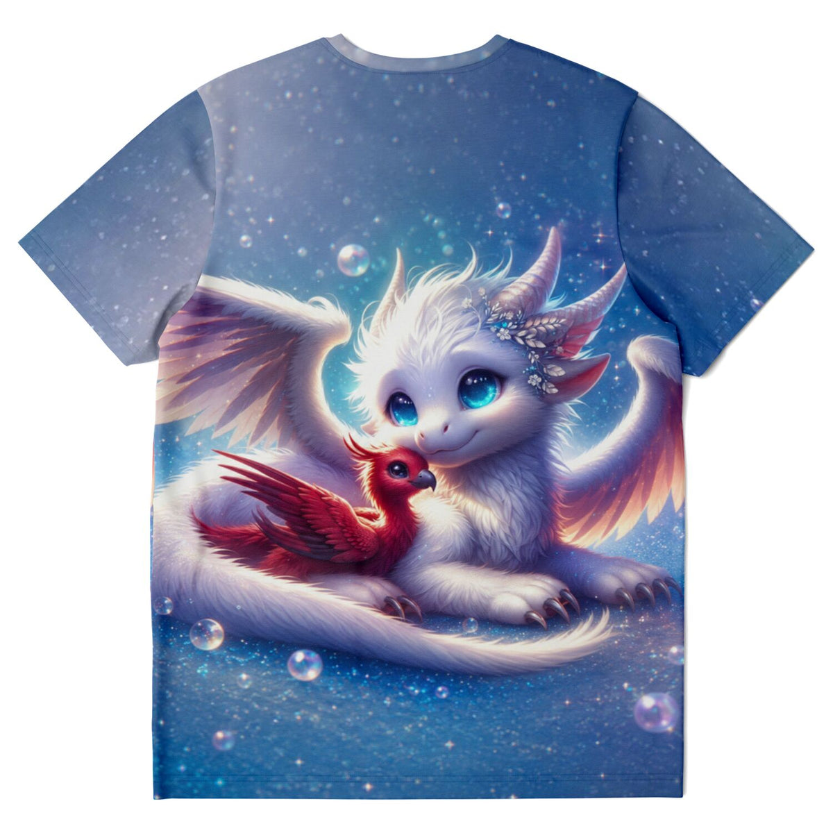 Dreamer T-Shirt Limited Edition mit Fantasy-Motiv niedlicher weißer Drache und roter Phönix vor sternenklarem Nachthimmel