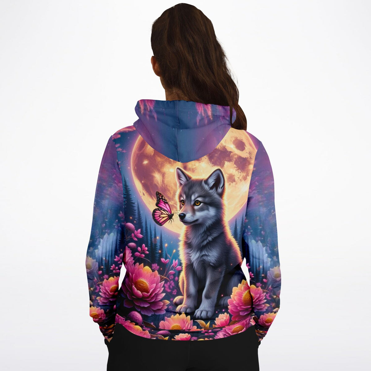 Dreamer Hoodie mit Wolf, Schmetterling und Vollmond-Design in leuchtenden Farben wie bei Malen nach Zahlen Motiven