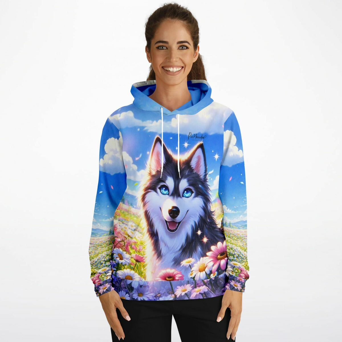 Dreamer Hoodie mit Husky-Motiv auf Blumenwiese, ideal für Fans von Diamond Painting und Malen nach Zahlen