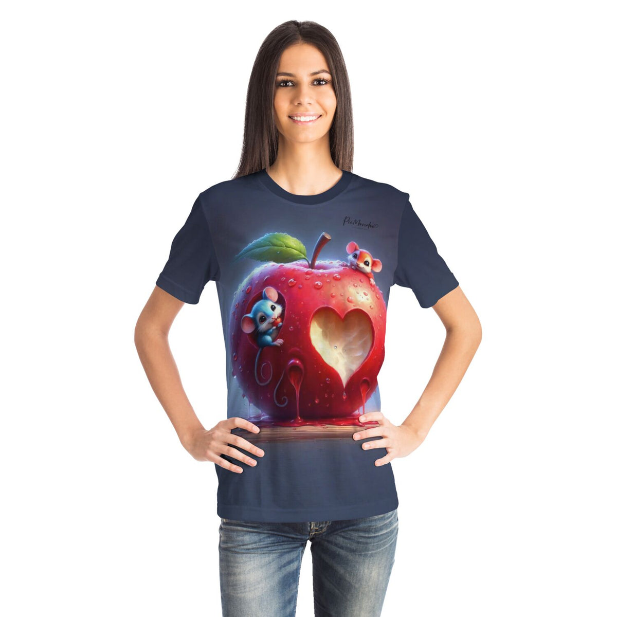 Dunkelblaues T-Shirt mit zuckersüßem Motiv: Mäuse in einem Apfel mit Herz-Aussparung – ideal für Diamond Painting Fans
