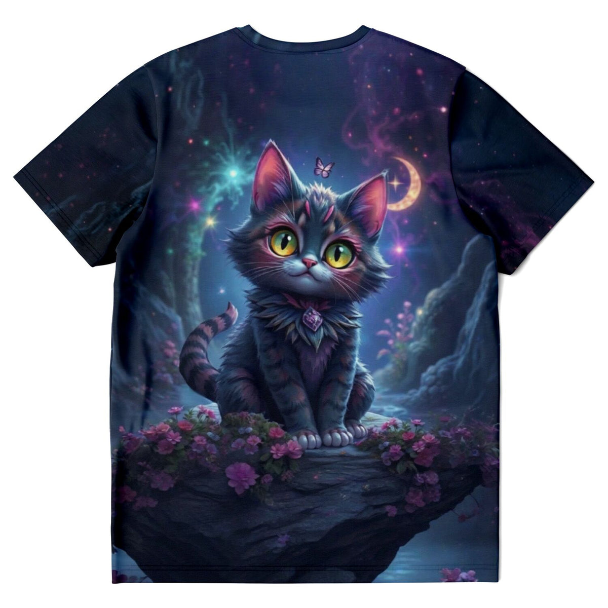 T-Shirt mit Fantasy-Katzen Motiv im Stil von Diamond Painting zwischen leuchtenden Blumen und einer Mondsichel