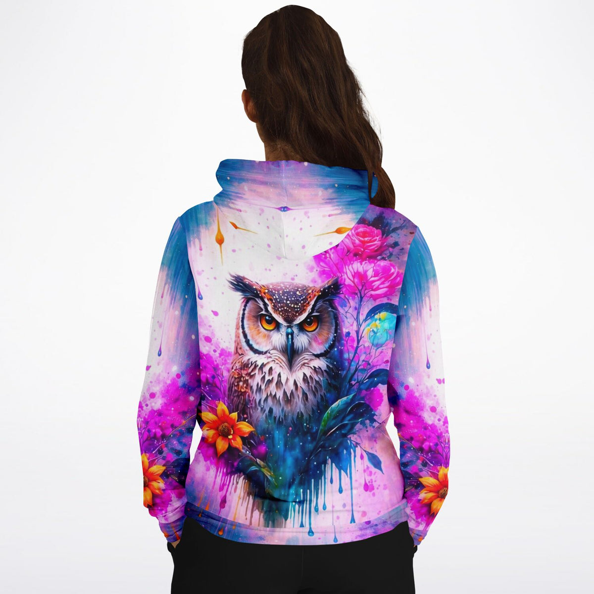 Hoodie mit buntem Eulen-Print und floralen Akzenten im Stil von Malen nach Zahlen und Diamanten Painting Kunst