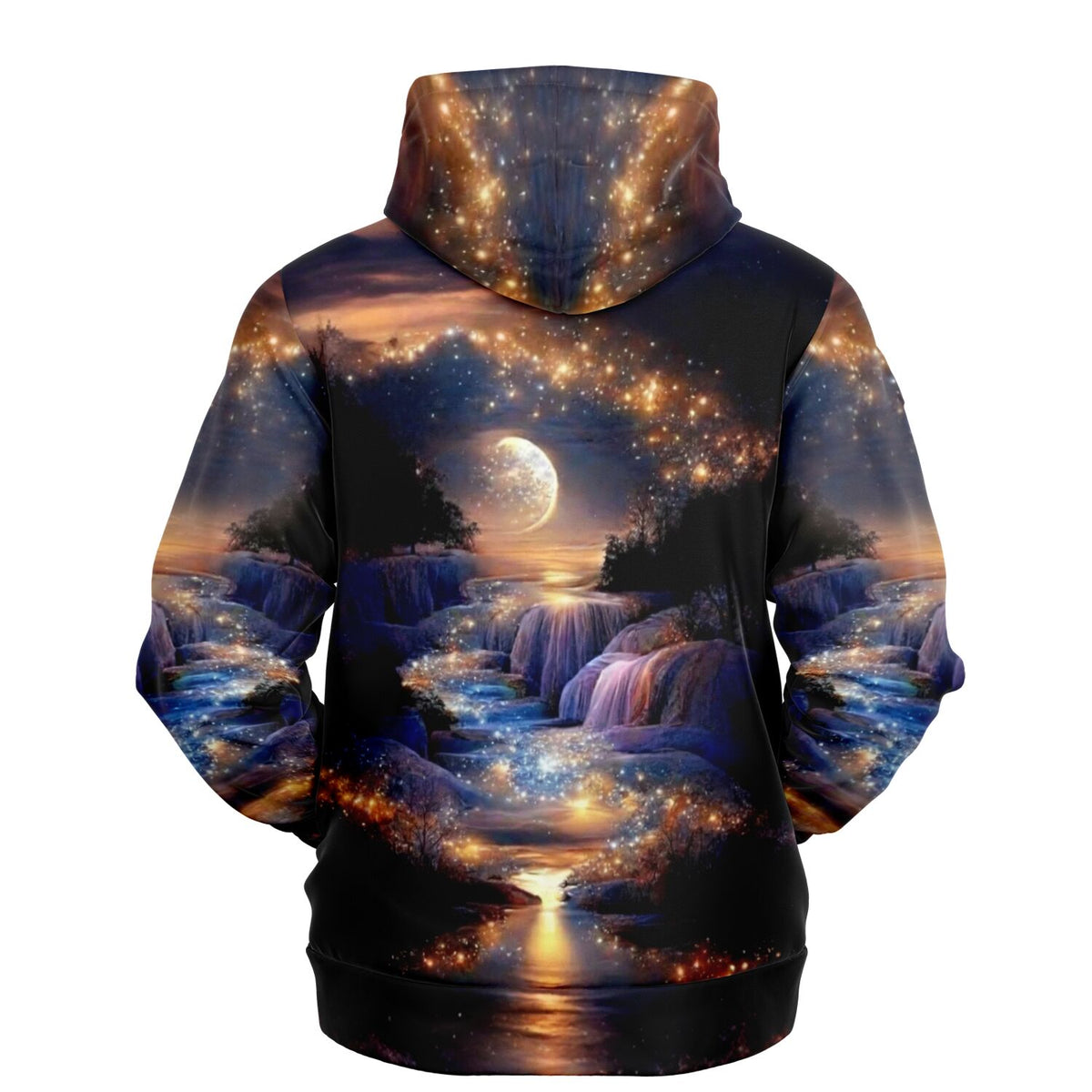 Dreamer Hoodie mit traumhaftem Landschaftsmotiv, Mondschein-Wasserfall und Sternenhimmel im Diamond Painting Stil